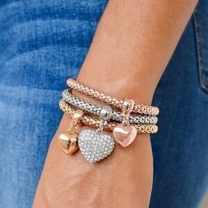 Heart Charm Bracelet Layered Set - Gold Sparkling Rhinestone